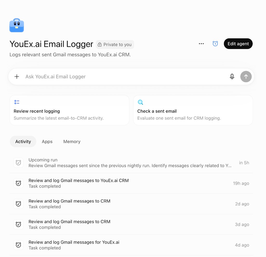 ChatGPT Agent YouEx.ai Email Logger with scheduled nightly Gmail review runs