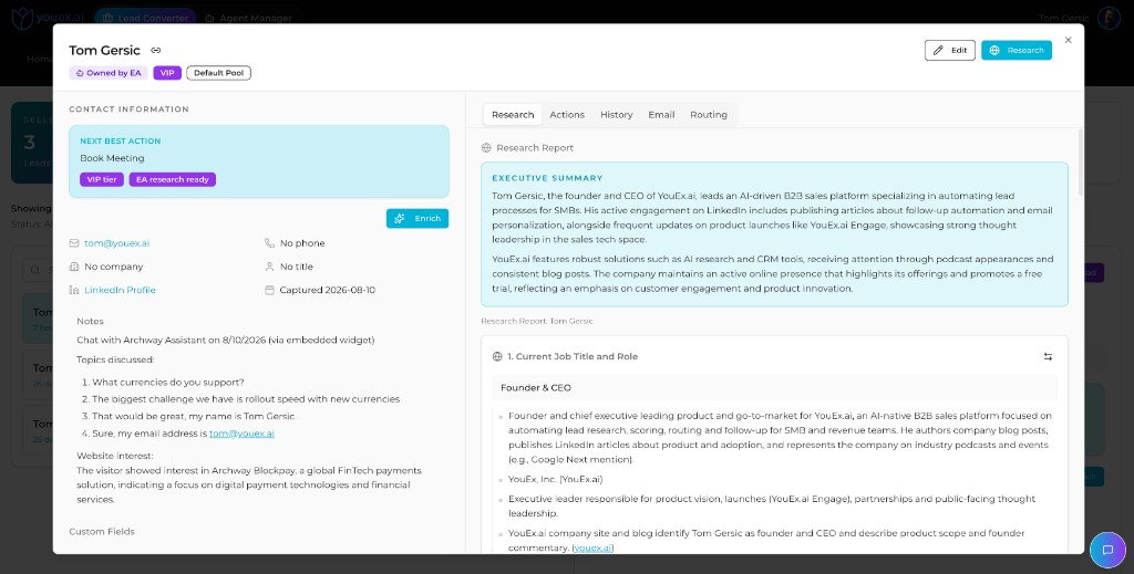 YouEx.ai lead record with next best action, contact details, and AI research report