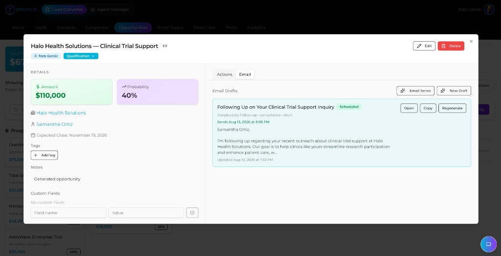 YouEx.ai opportunity detail with scheduled AI email draft and deal metrics