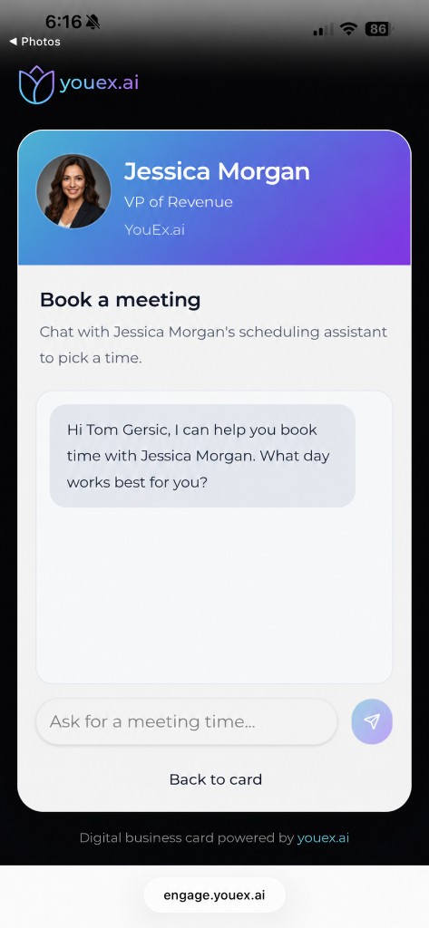 AI scheduling assistant on a digital business card helping book a meeting with Jessica Morgan