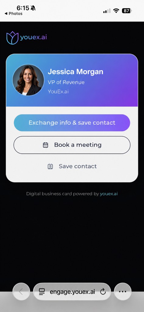 Branded digital business card page with gradient header, profile photo, and action buttons
