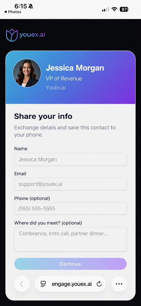 Digital business card contact exchange form capturing visitor name, email, and meeting context