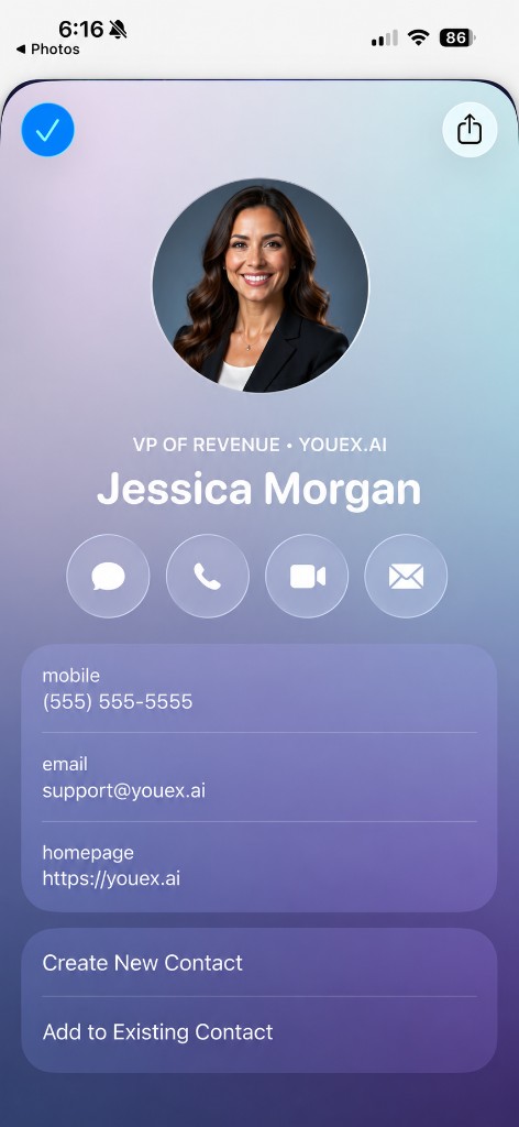 iPhone contact screen after saving a digital business card with phone, email, and website