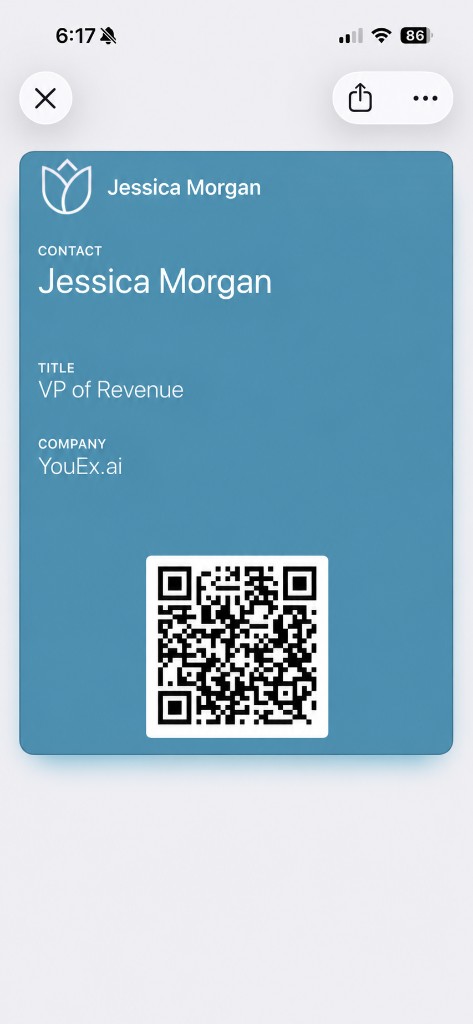Apple Wallet business card pass with QR code for Jessica Morgan at YouEx.ai