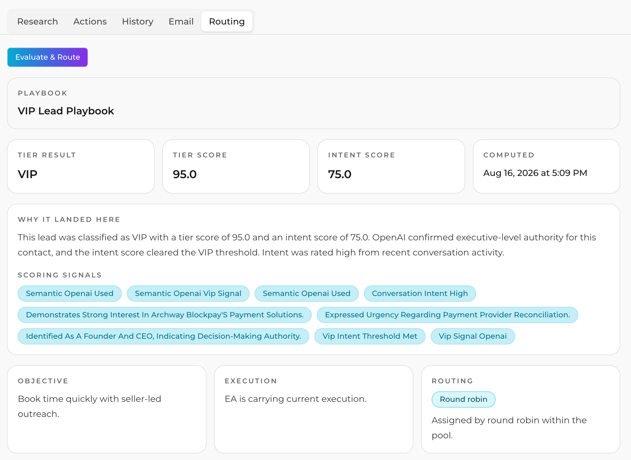 Lead record with AI scoring, routing, and next best action on Tom Gersic