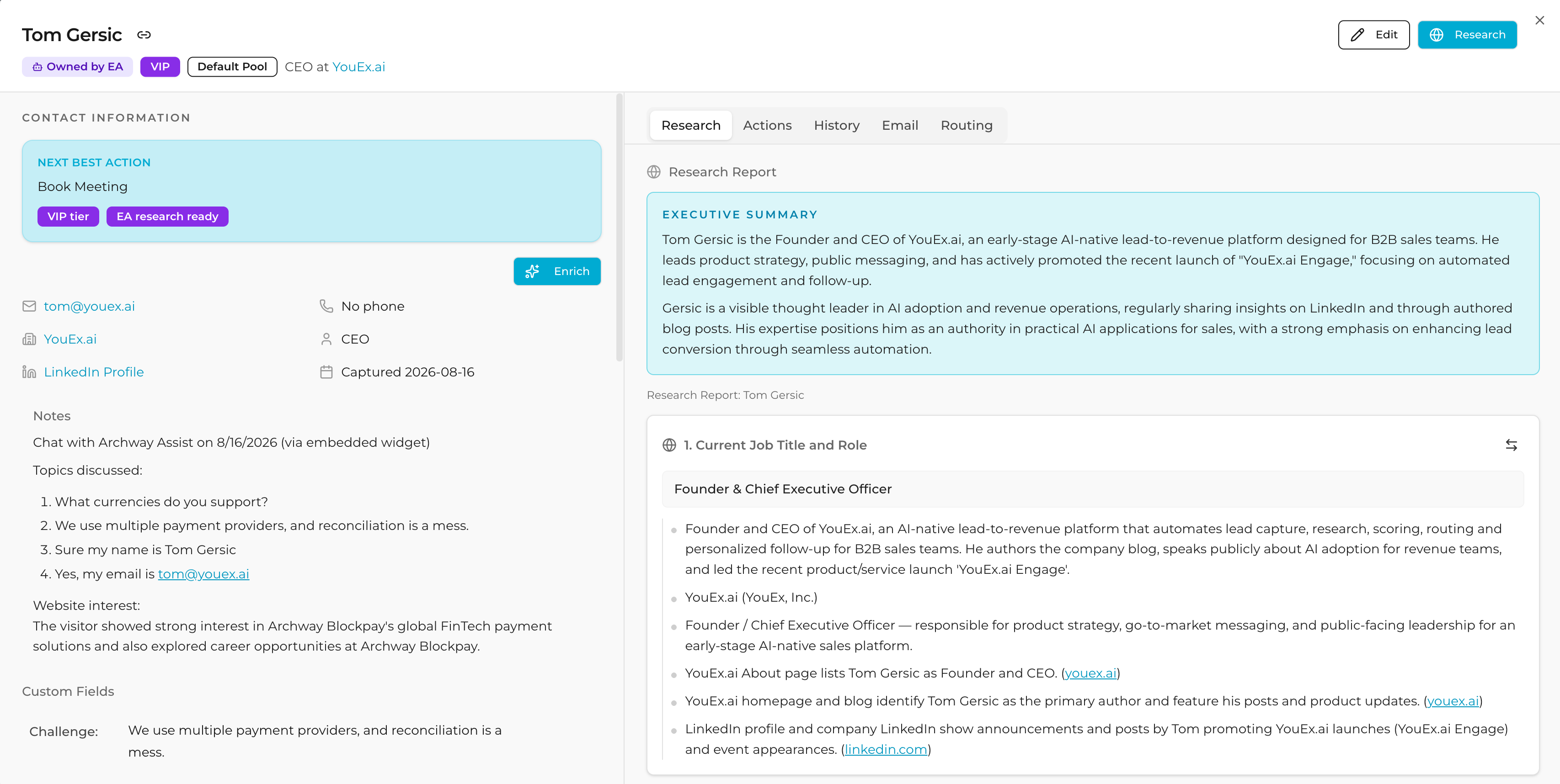 Lead record with next best action, chat notes, and an AI research report on Tom Gersic