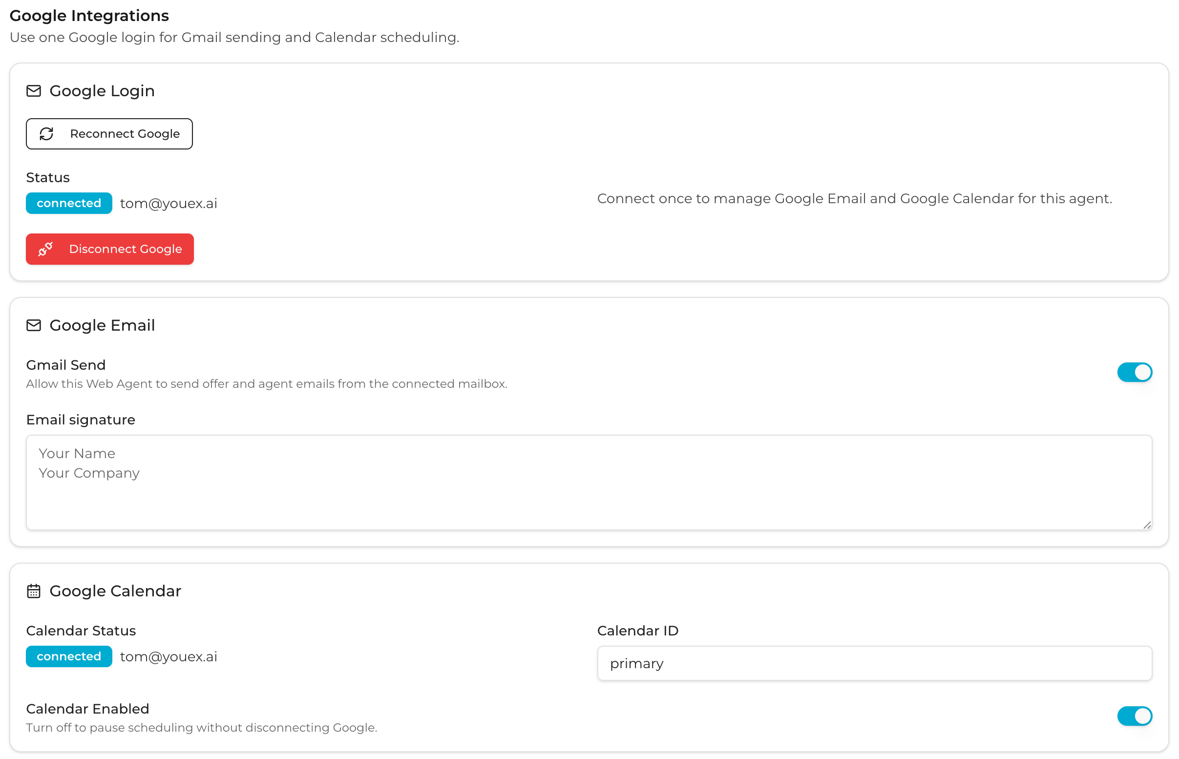 Google integration for Gmail send-as and Google Calendar booking