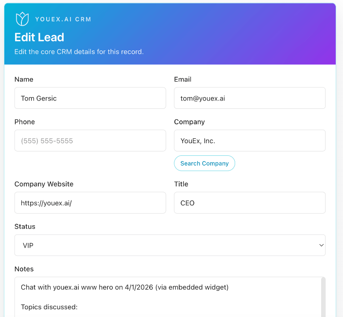 YouEx CRM Record Editor widget inside ChatGPT