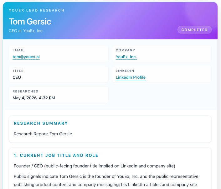 YouEx Lead Research Card widget in ChatGPT