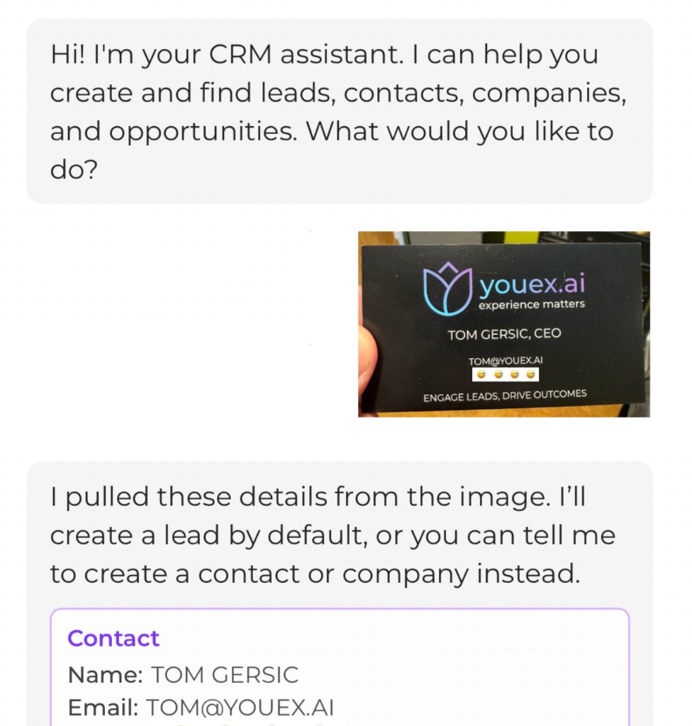 CRM assistant extracting contact details from a photographed business card