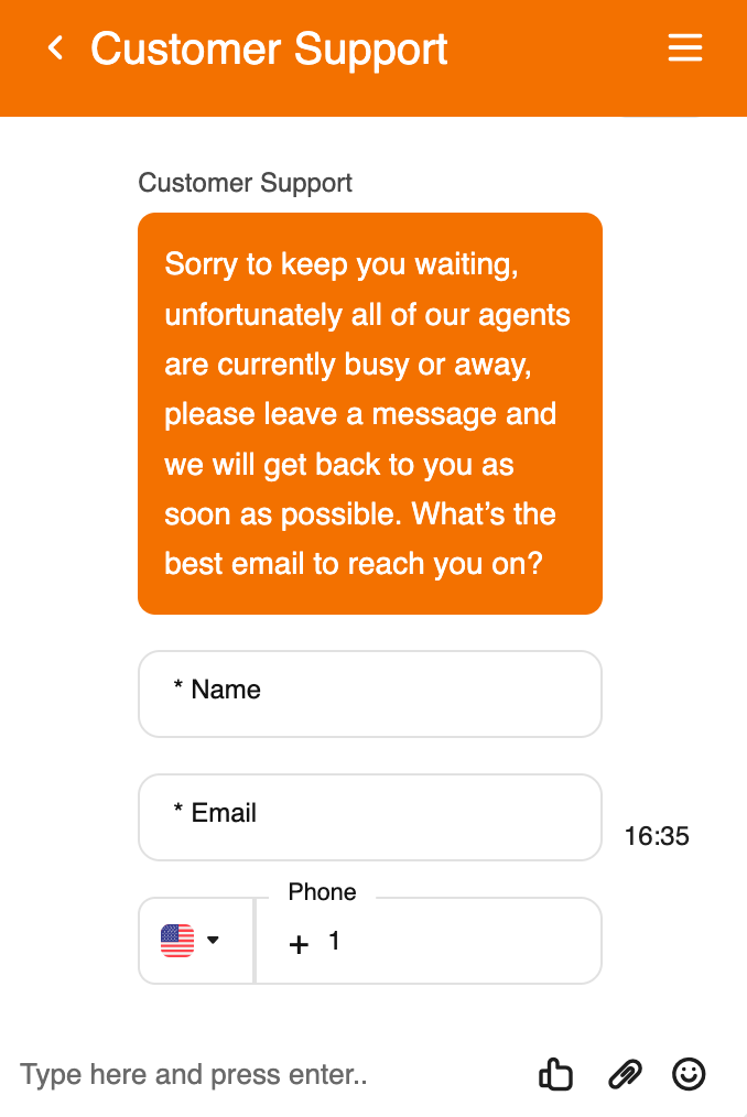 Tawk.to customer support chat saying all agents are busy or away and asking for name, email, and phone