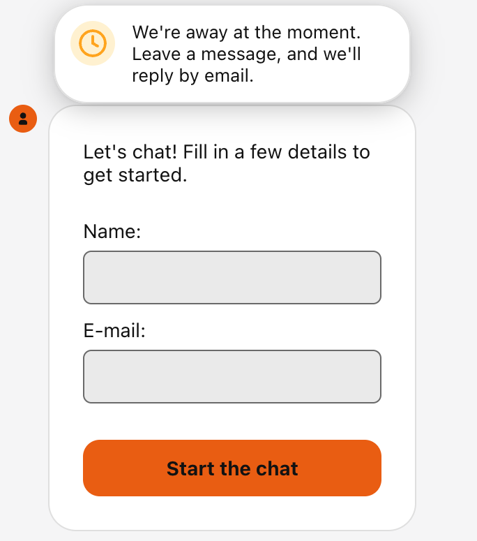 LiveChat widget saying the team is away, asking the visitor to fill out name and email before they can start chatting