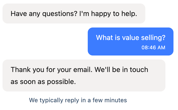 The same HubSpot chat two days later, still thanking the visitor for their email and saying they typically reply in a few minutes