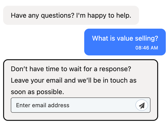 HubSpot chat where a visitor asks a product question and is immediately asked to leave an email instead of getting an answer