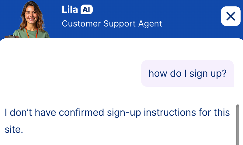 Jotform AI customer support agent unable to answer how to sign up because it does not have instructions for the site
