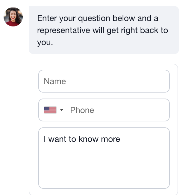 LeadConnector chat promising a representative will get back to the visitor after they enter name and phone