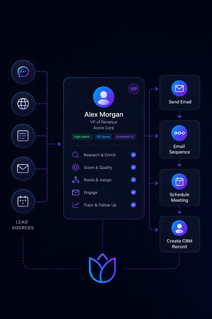 Infographic showing lead sources flowing through enrichment to automated CRM actions