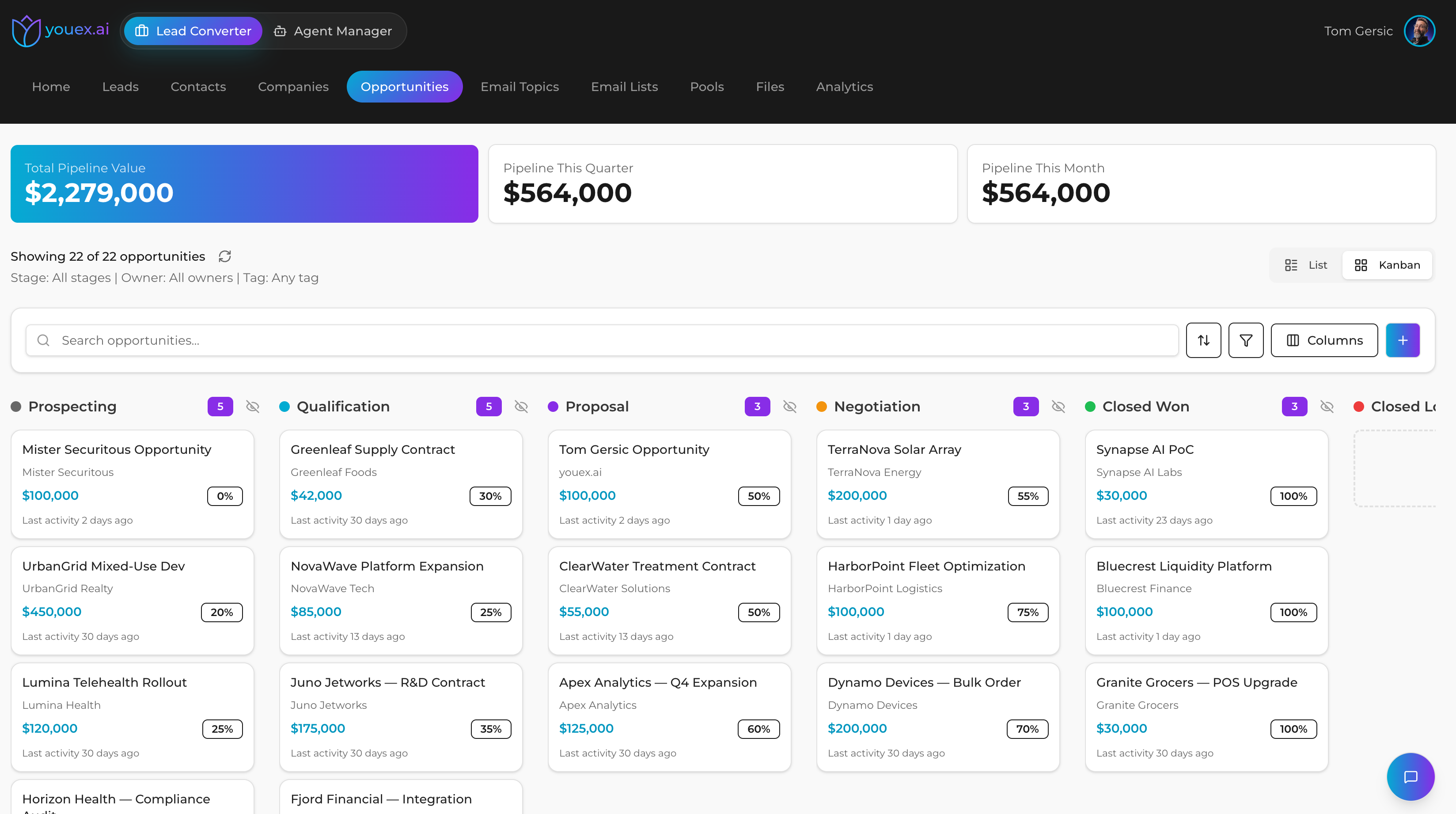 YouEx.ai opportunities kanban with pipeline value, stages, and deal cards in the revenue workspace
